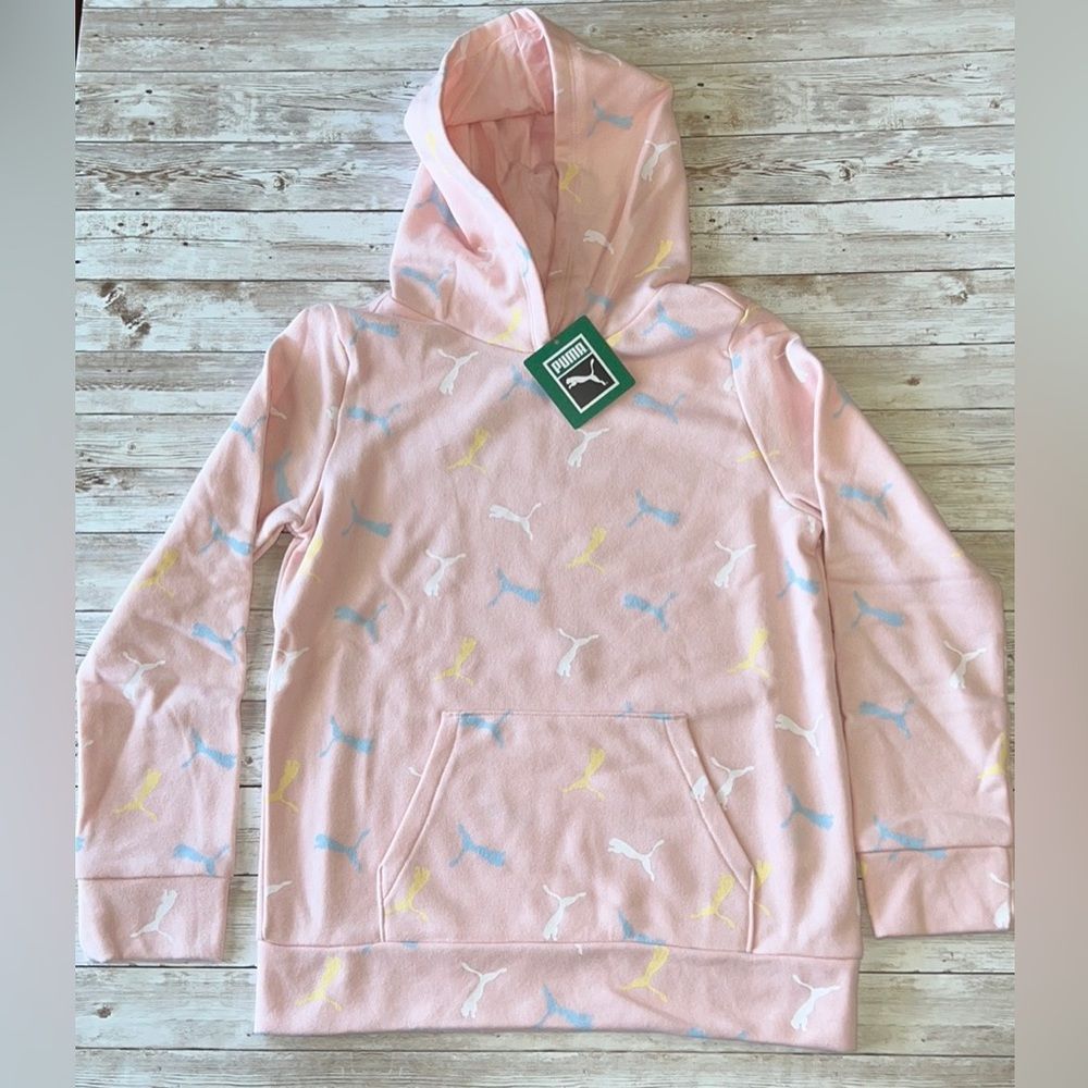 PUMA Youth Hoodie Sweatshirt Pink W/Yellow Blue White Cat Logo All Over NWT Kids - Picture 1 of 11